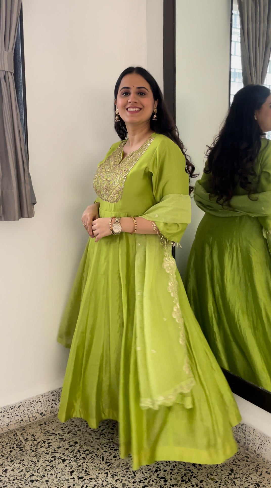 Dusty green chanderi anarkali with a hand embroidered yoke and embellished dupatta