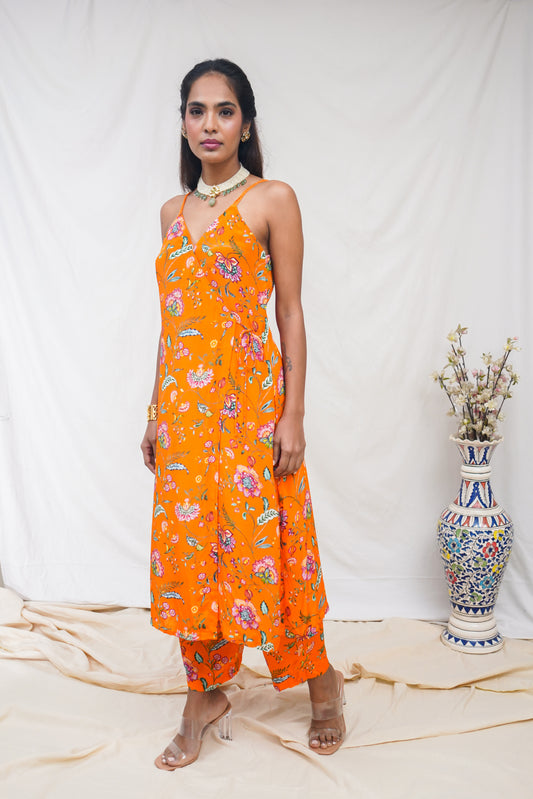 Orange strappy wrap kurta set