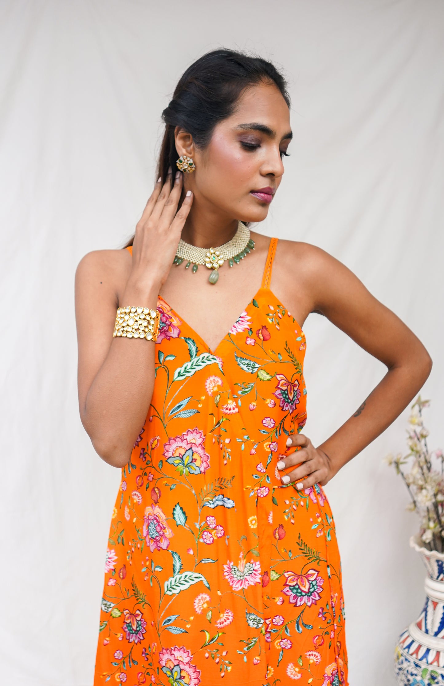 Orange strappy wrap kurta set