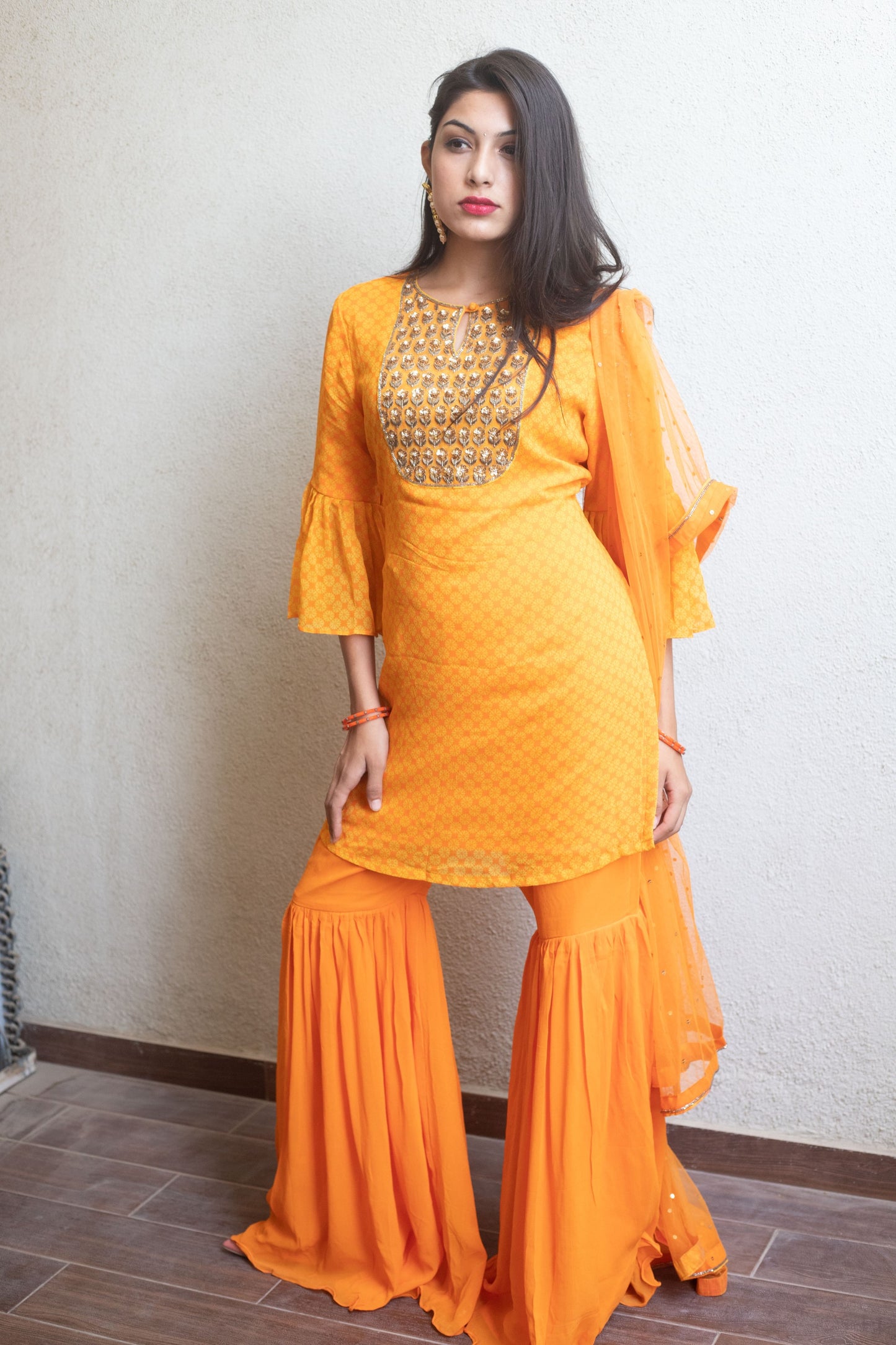 Yellow- orange geometric floral sharara