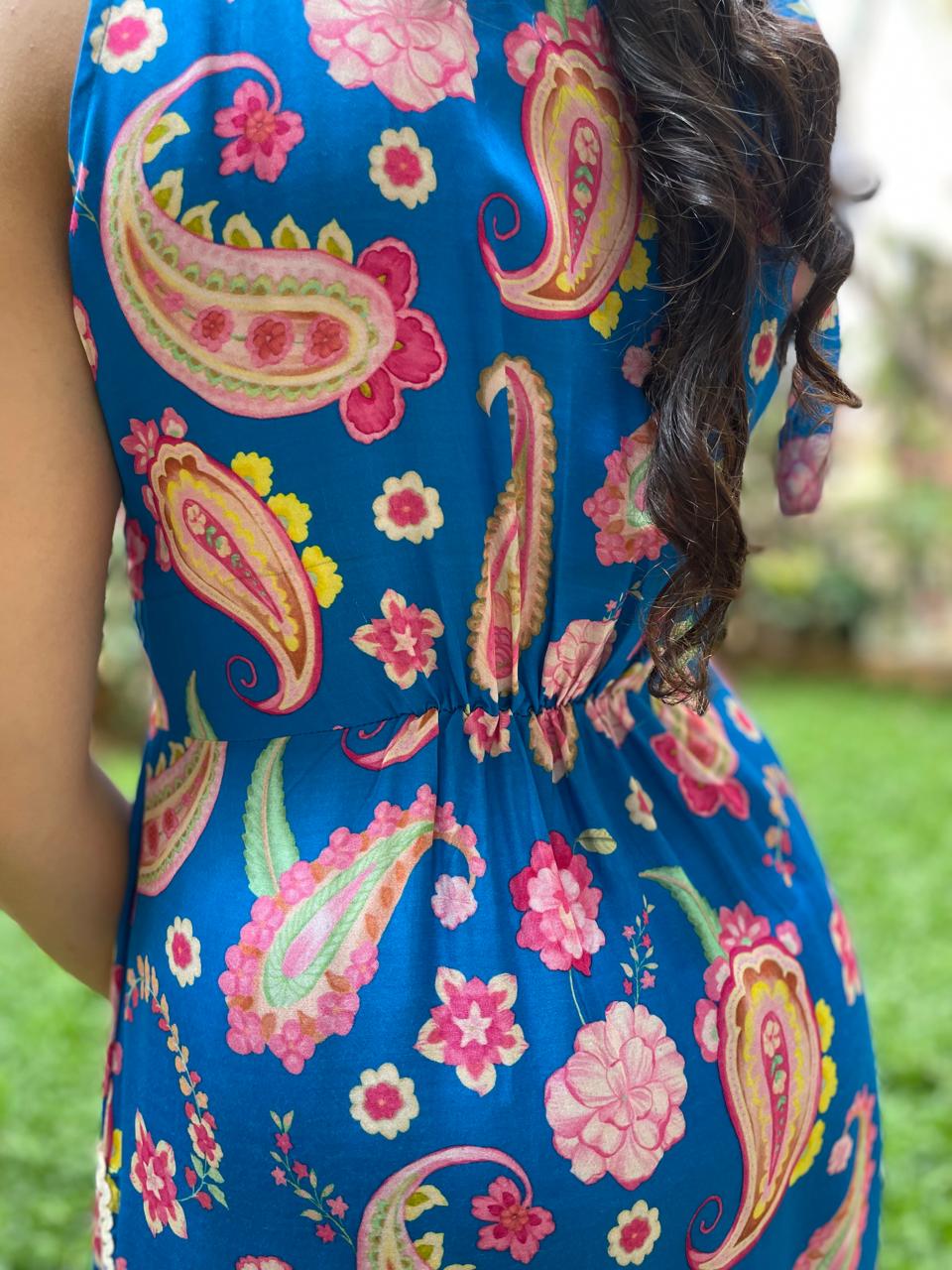 Peacock blue paisley printed kurta and floral printed pyjama pants with intricate lace detailing