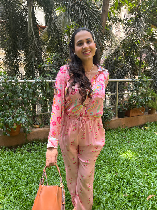 Baby pink paisley printed shirt and floral printed pants with intricate lace detailing