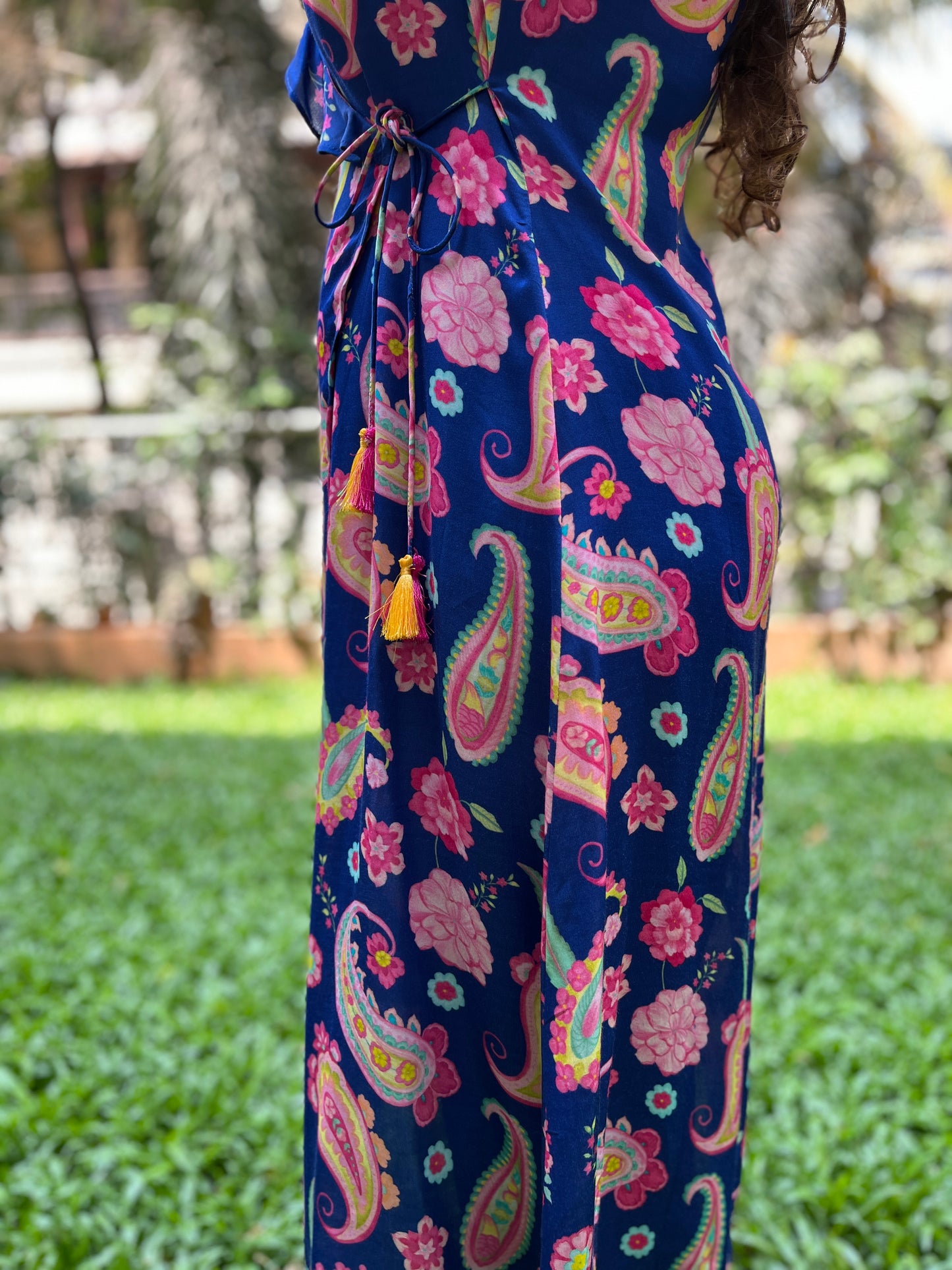 Navy blue paisley printed wrap kurta with floral printed pyjama pants