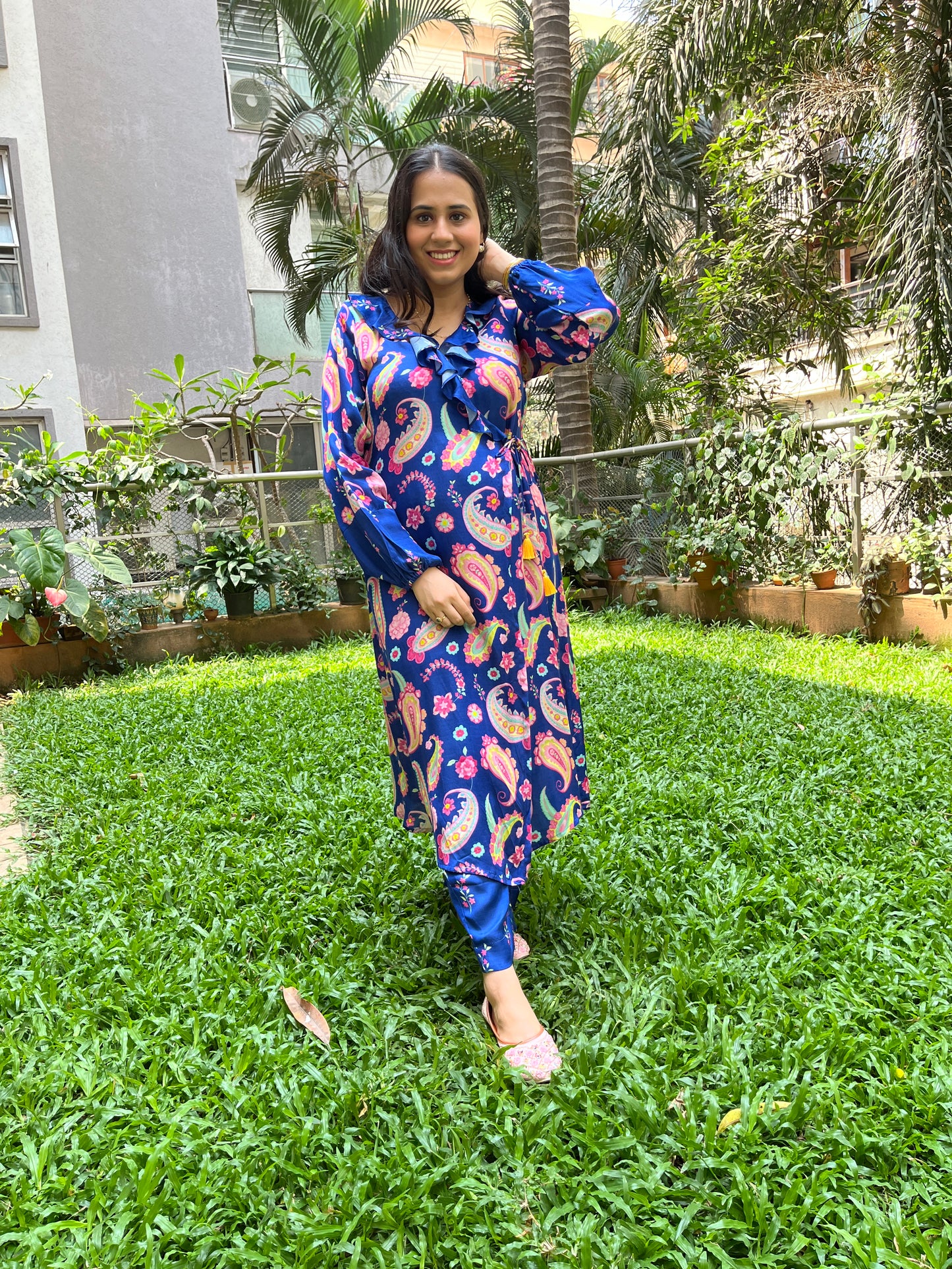 Navy blue paisley printed wrap kurta with floral printed pyjama pants