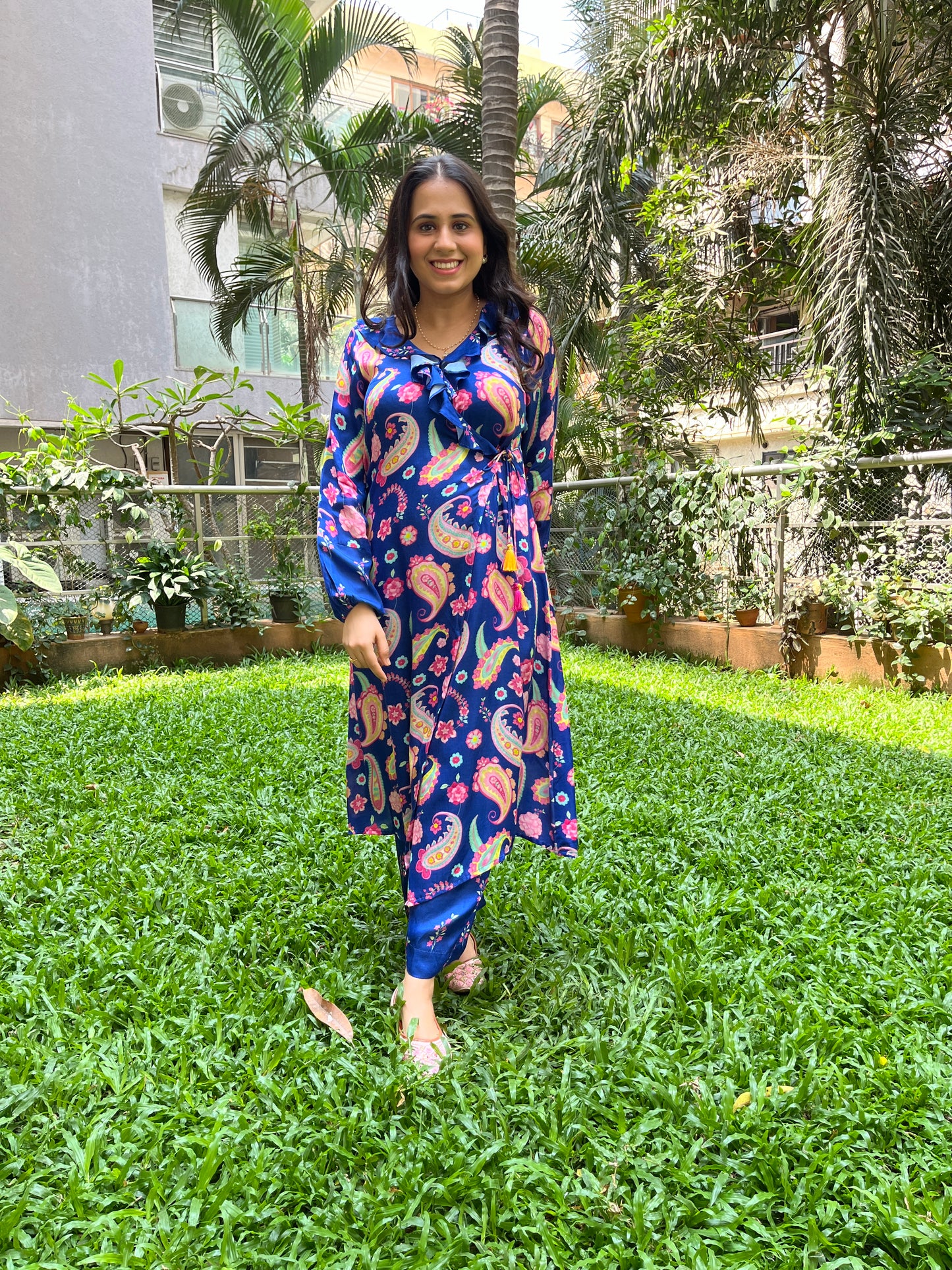 Navy blue paisley printed wrap kurta with floral printed pyjama pants