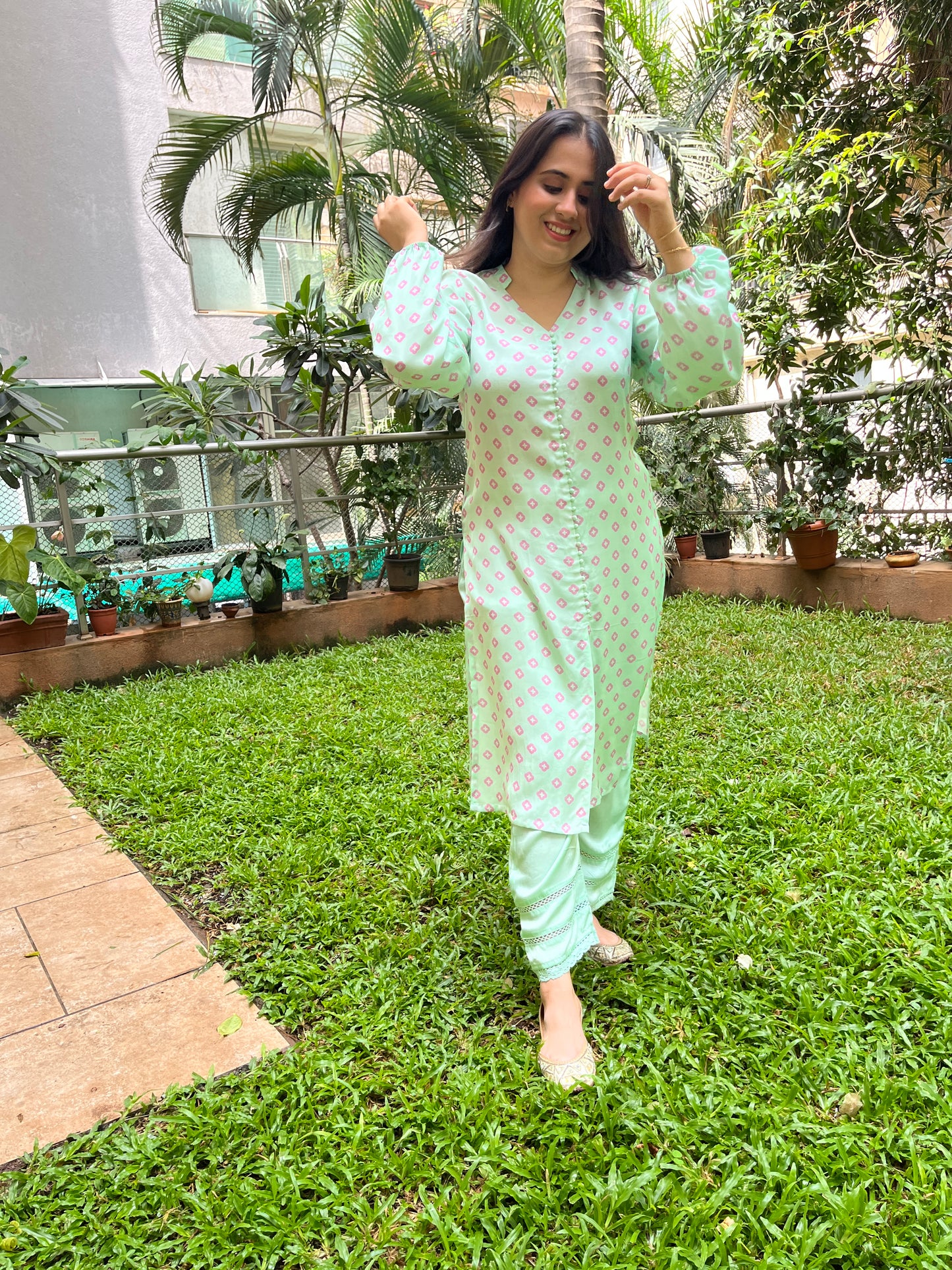 Geometric floral aqua kurta & pyjama