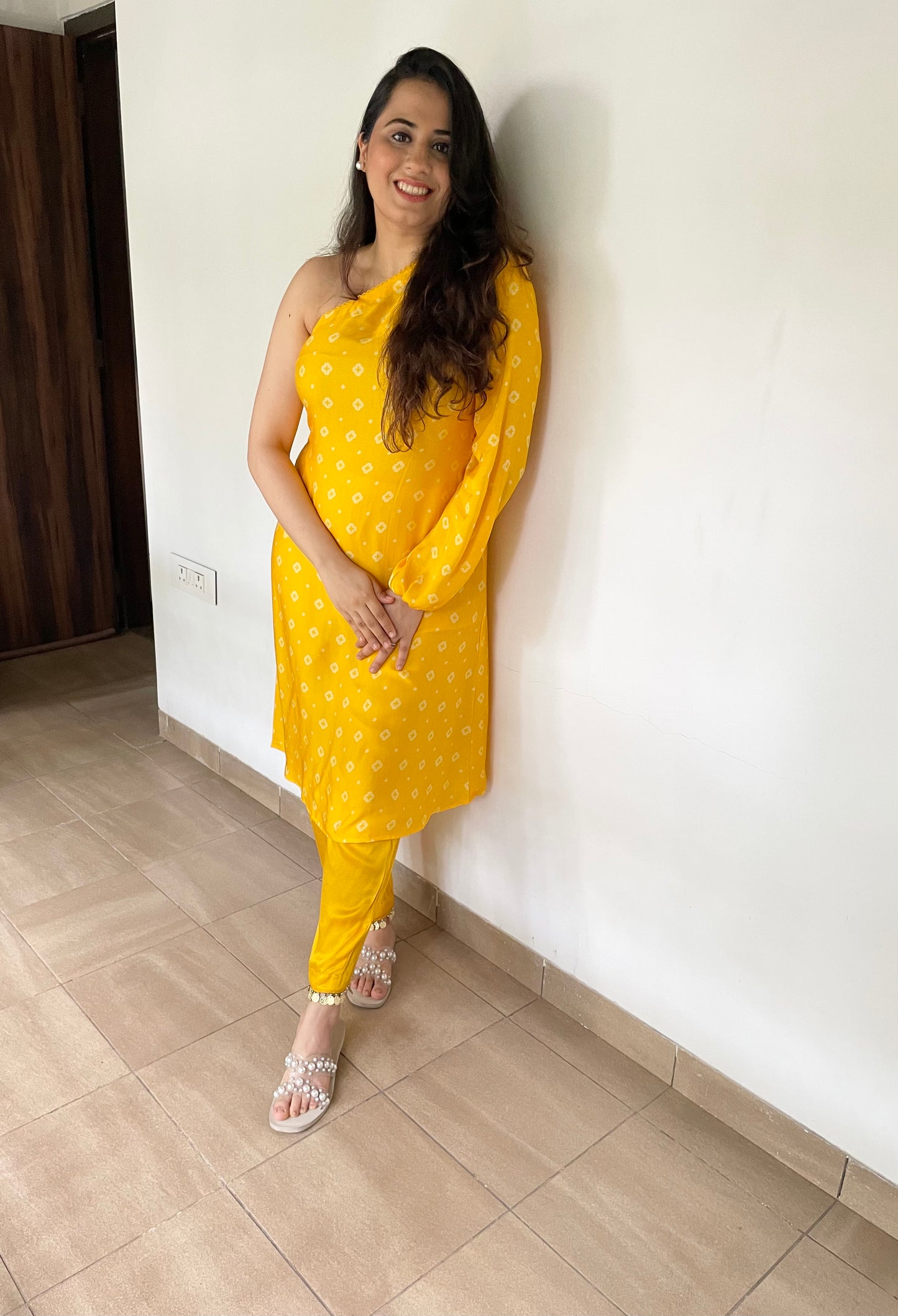 Yellow geometric floral printed one shoulder kurta and pyjama