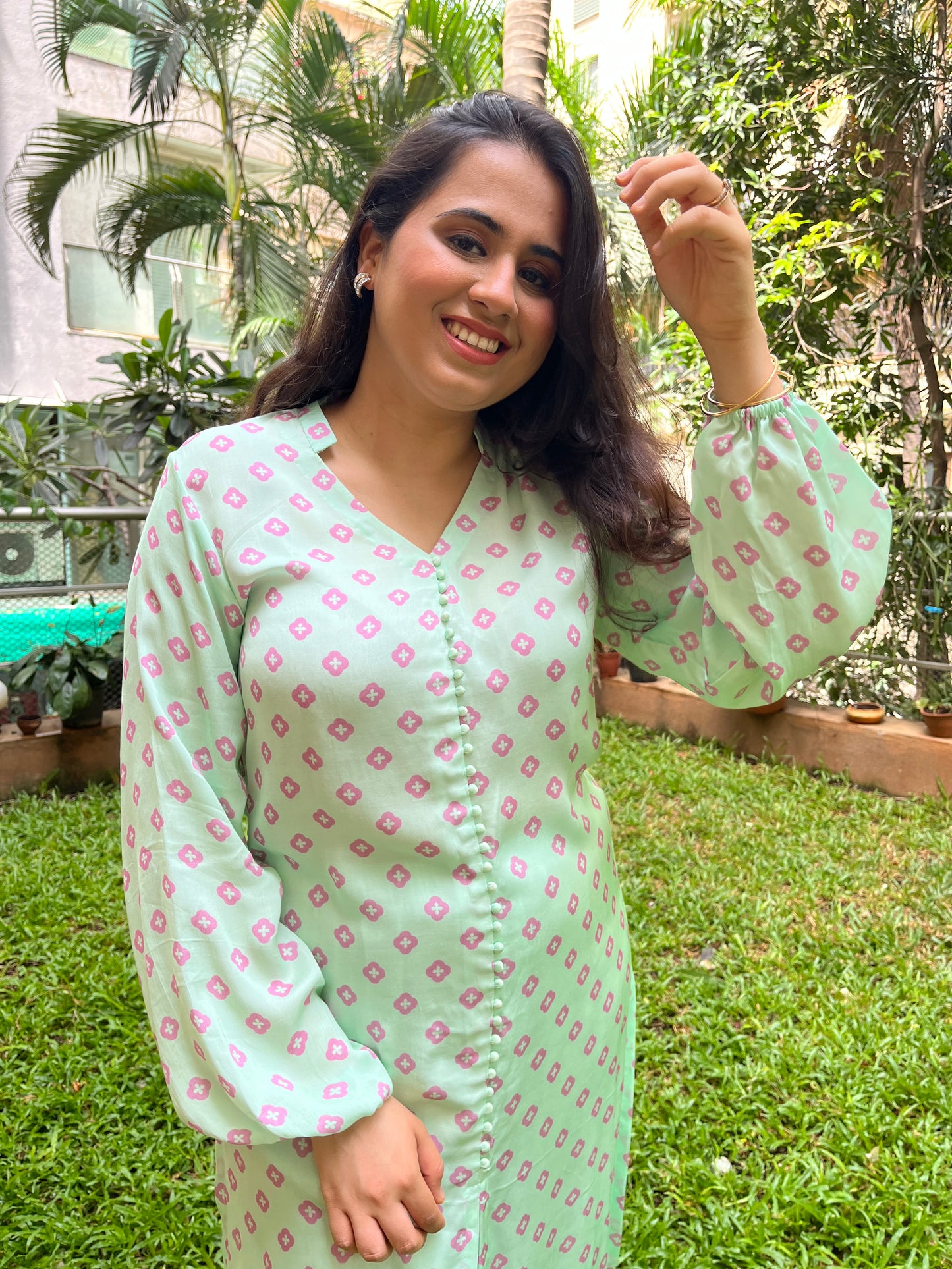 Geometric floral aqua kurta & pyjama