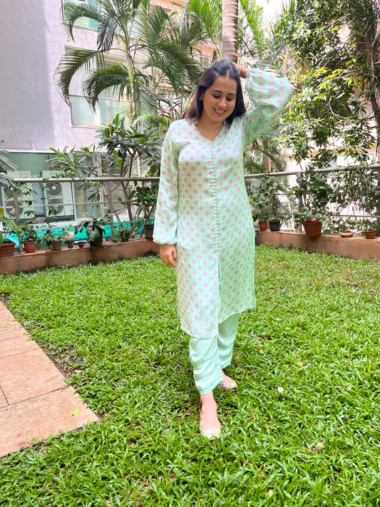 Geometric floral aqua kurta & pyjama