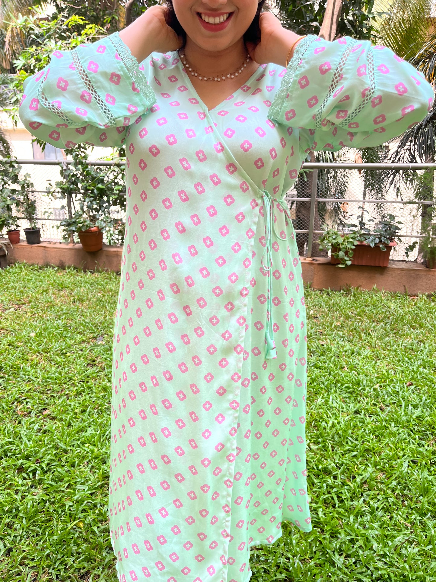 Geometric floral aqua wrap kurta pyjama set with lace detailing