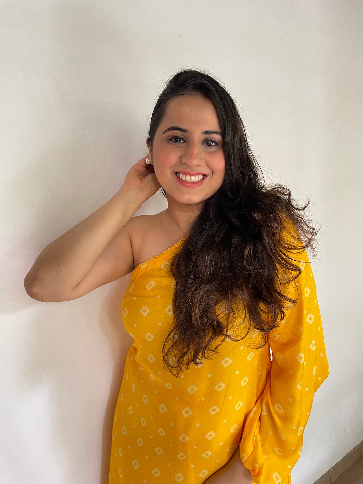 Yellow geometric floral printed one shoulder kurta and pyjama