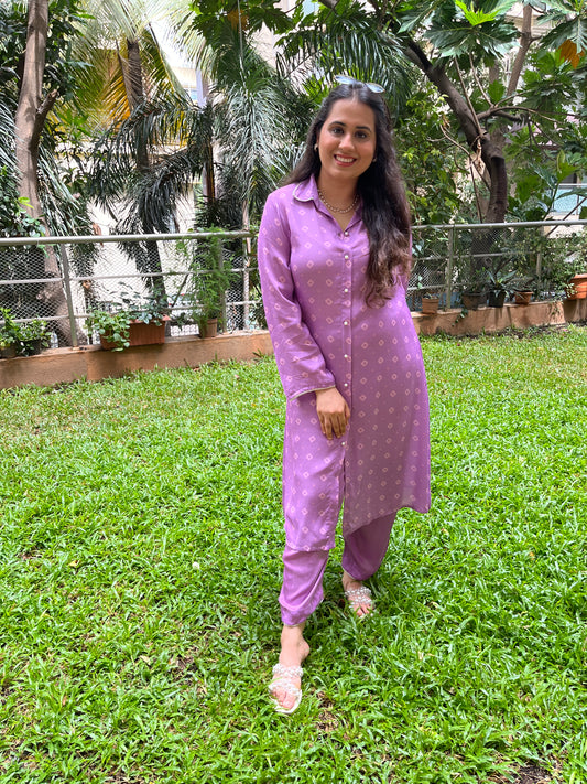 Geometric floral printed lavender shirt and pants