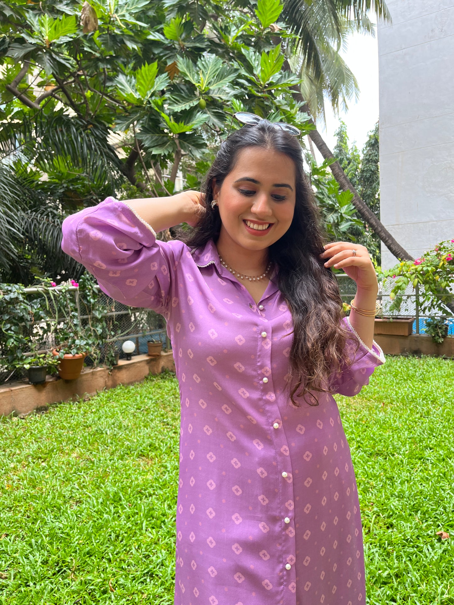 Geometric floral printed lavender shirt and pants