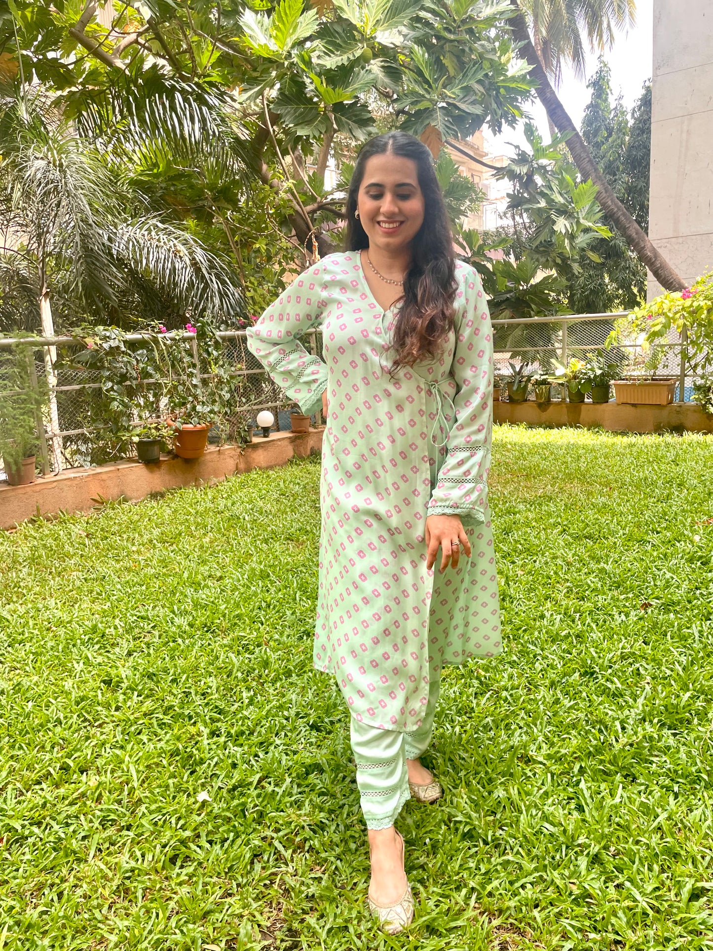 Geometric floral aqua wrap kurta pyjama set with lace detailing