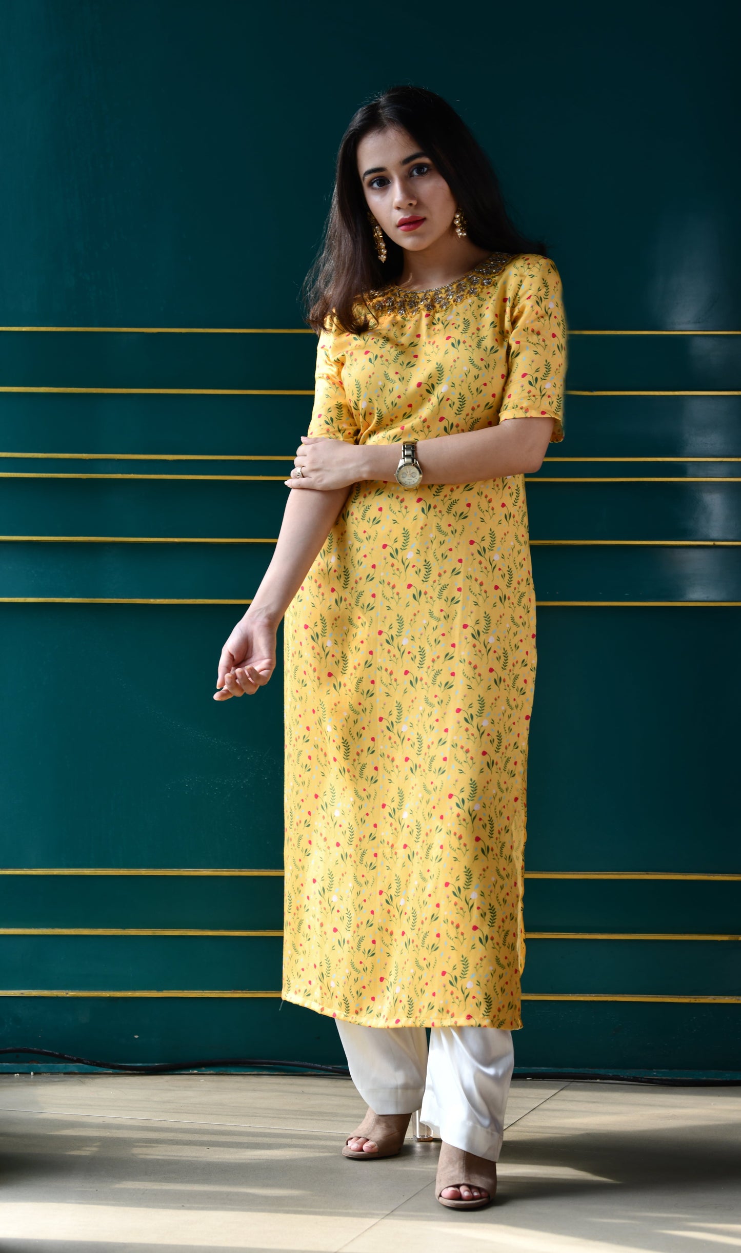 Light yellow floral printed straight kurta with a hand embroidered yoke and pyjama