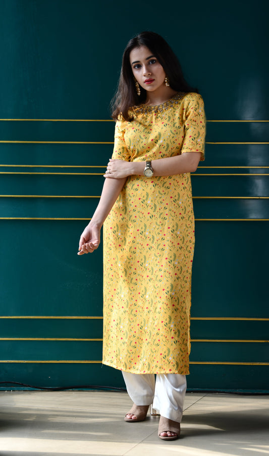 Light yellow floral printed straight kurta with a hand embroidered yoke and pyjama