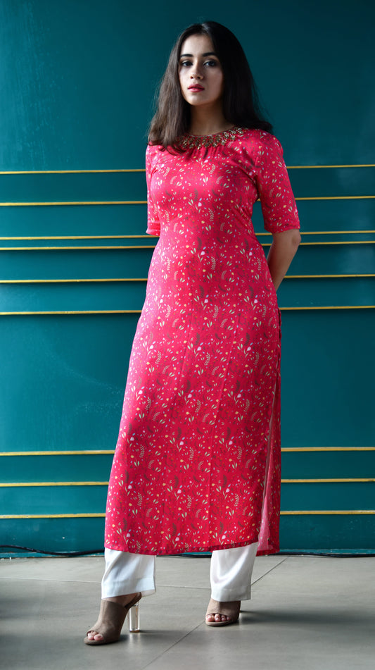 Deep pink floral printed kurta with a hand embroidered yoke and dupatta