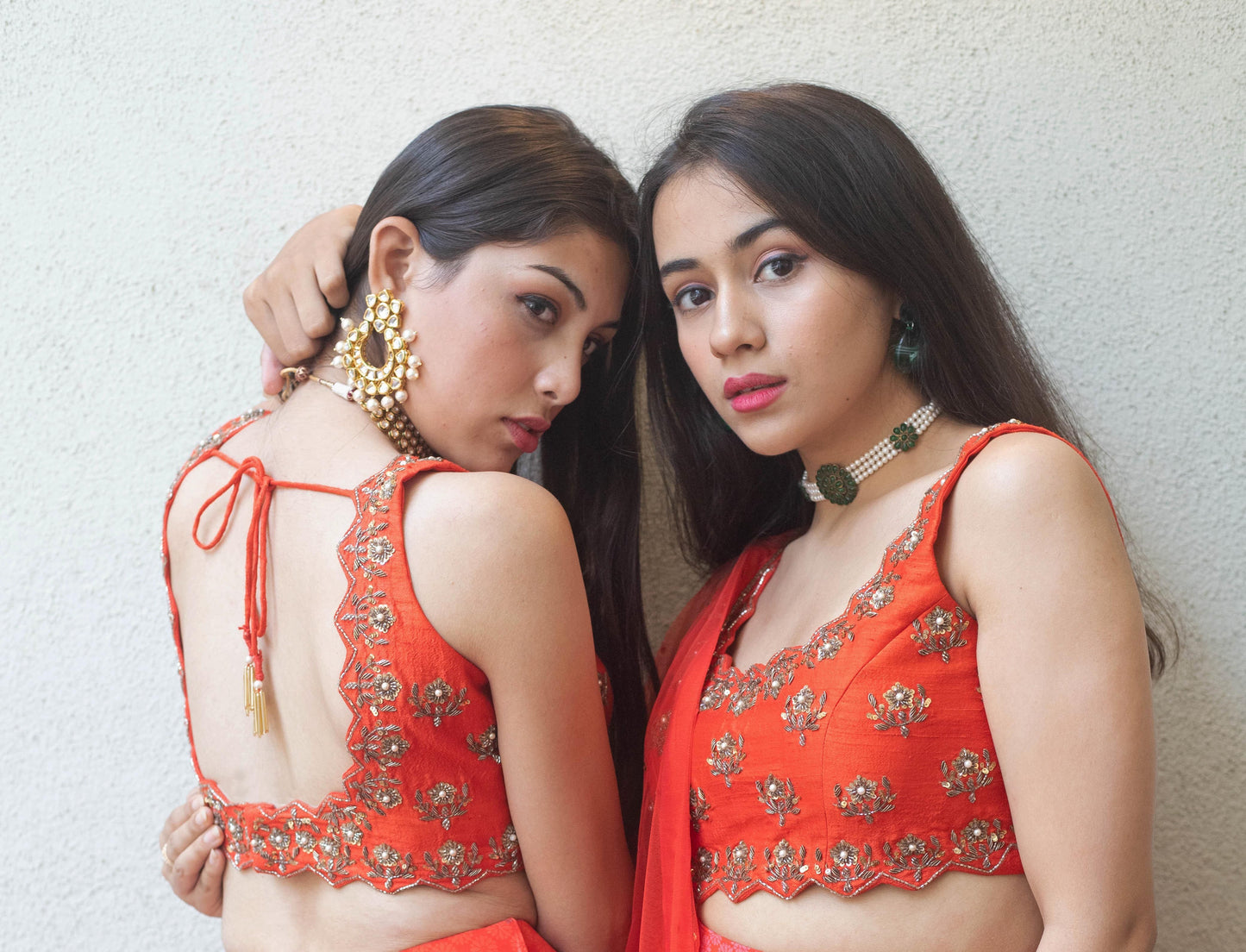 Red geometric floral printed and hand embroidered lehenga