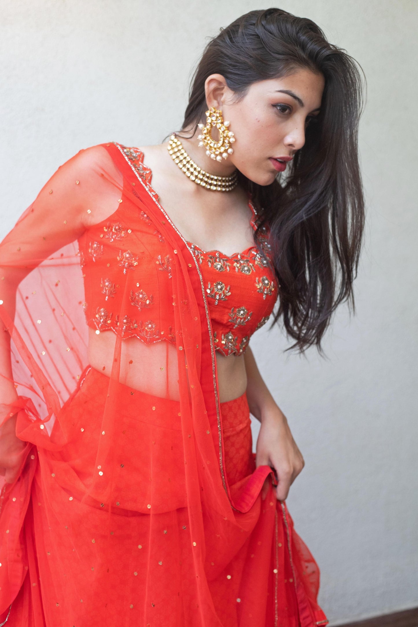 Red geometric floral printed and hand embroidered lehenga