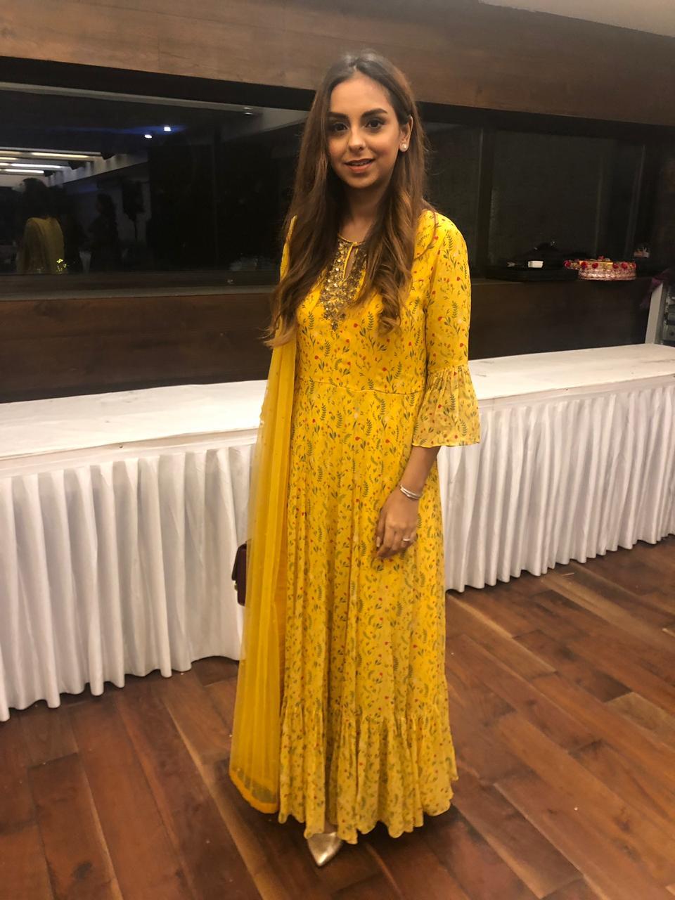 Fashion blogger- Aanam C : Yellow small floral printed ruffle anarkali with a hand embroidered yoke and dupatta