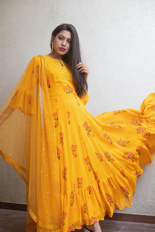 Mustard yellow floral ruffle anarkali with a hand embroidered yoke and dupatta