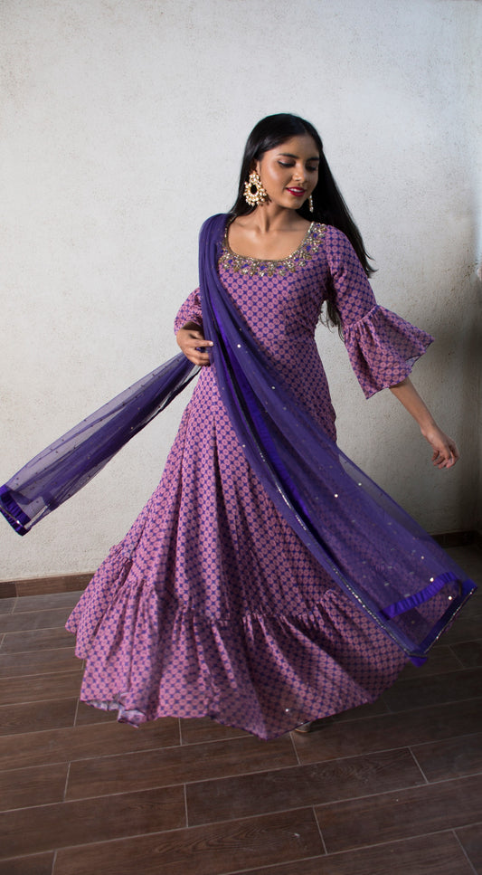 Geometric floral purple ruffle anarkali