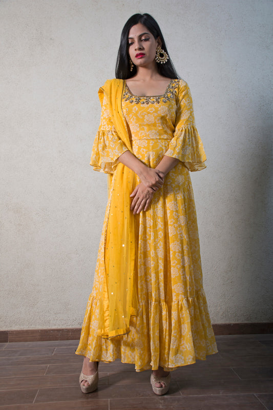 Yellow white ruffle anarkali