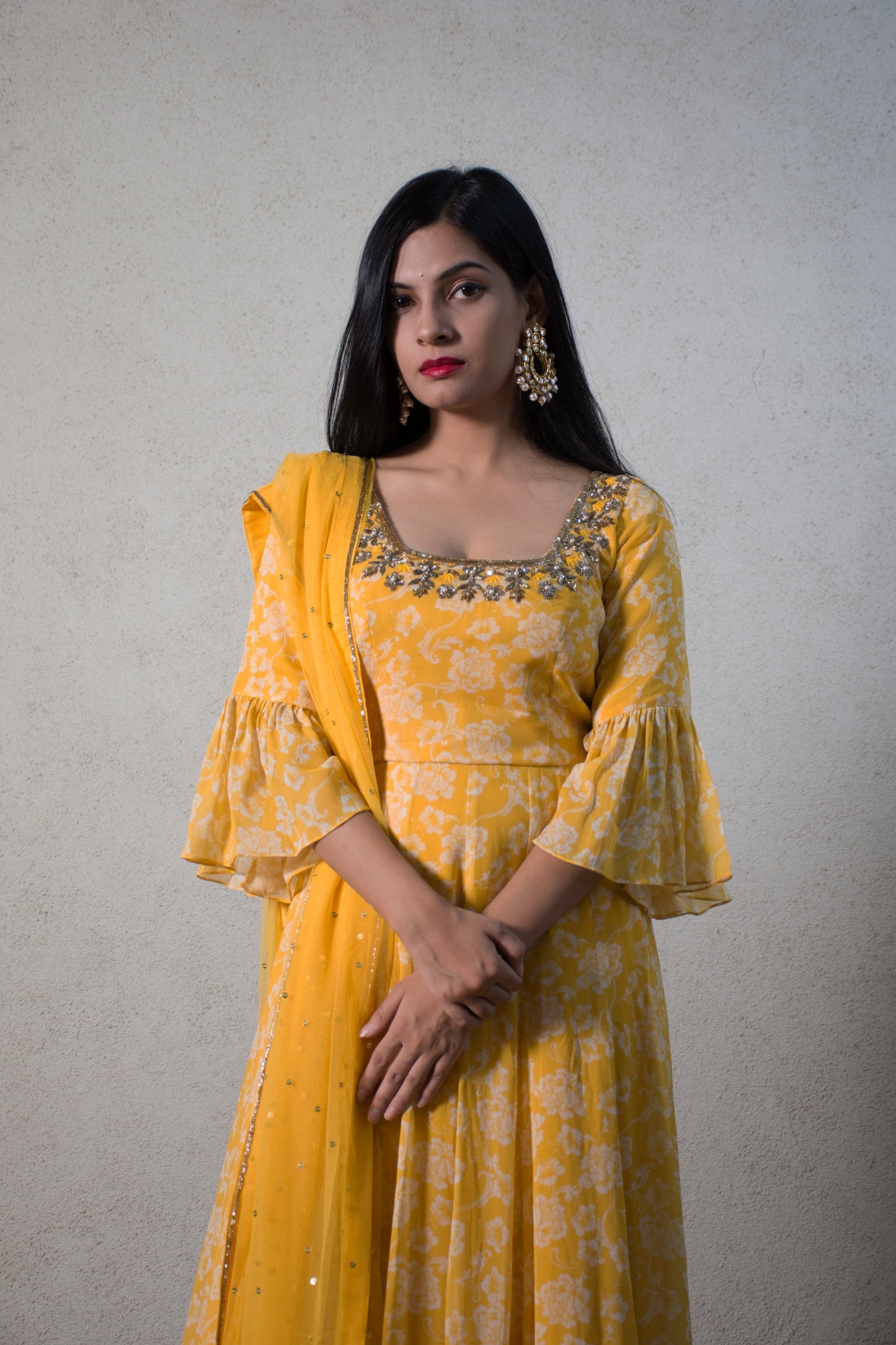 Yellow white ruffle anarkali