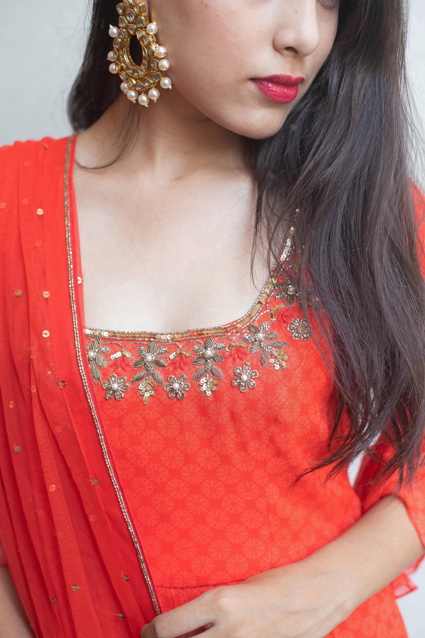 Geometric floral red ruffle anarkali