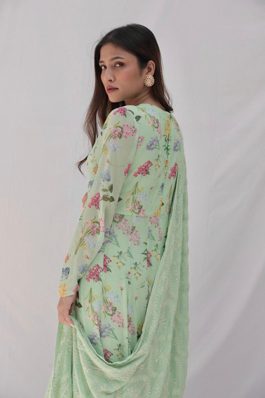 Mint green floral printed anarkali set with a hand embroidered yoke and dupatta