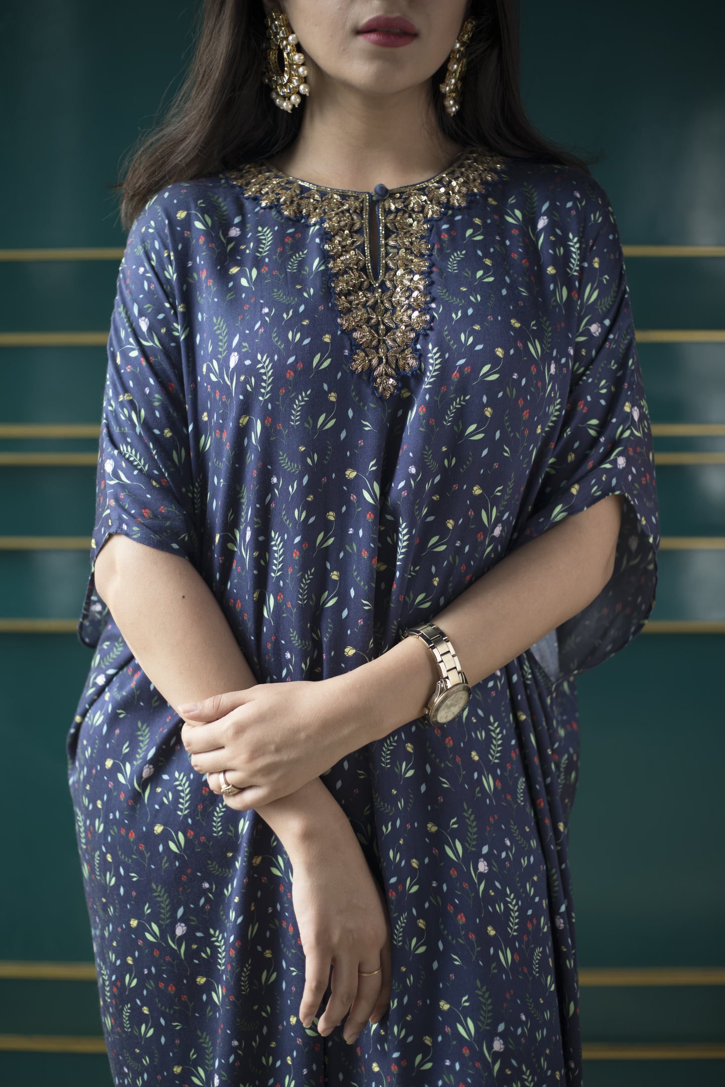 Navy blue floral printed cape kurta with a hand embroidered yoke and pyjama