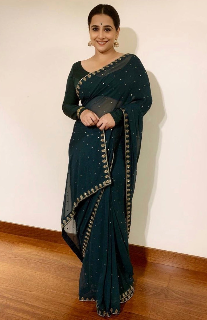 Vidya Balan : Bottle green hand embroidered sari