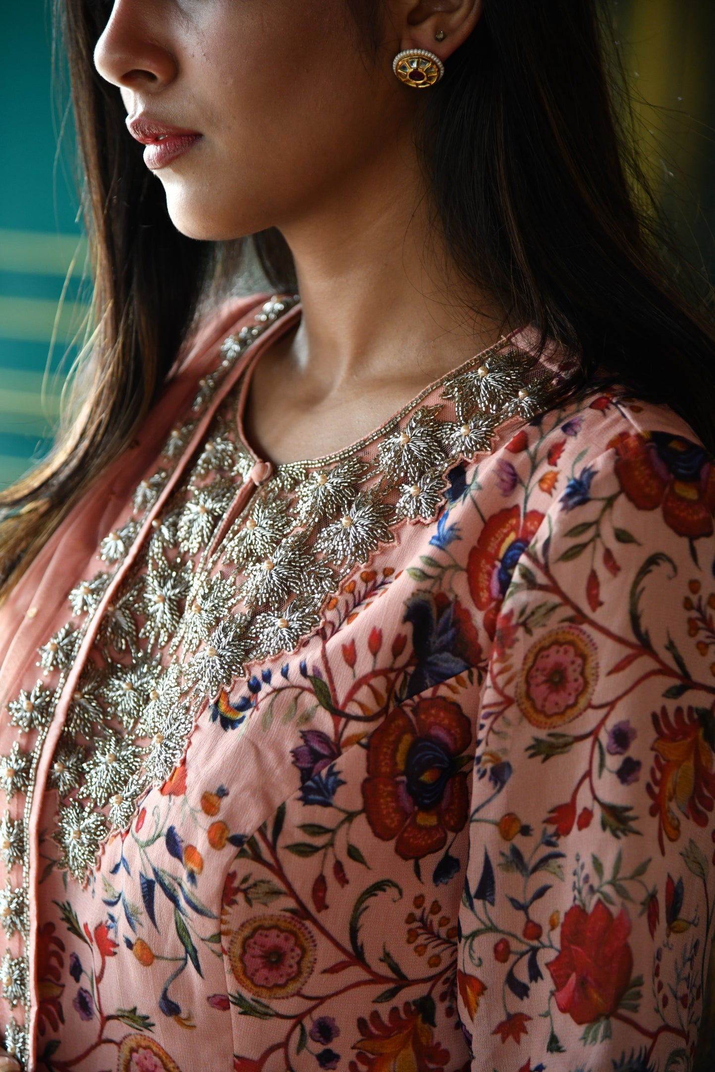 Floral printed dusty pink anarkali with a hand embroidered yoke and dupatta