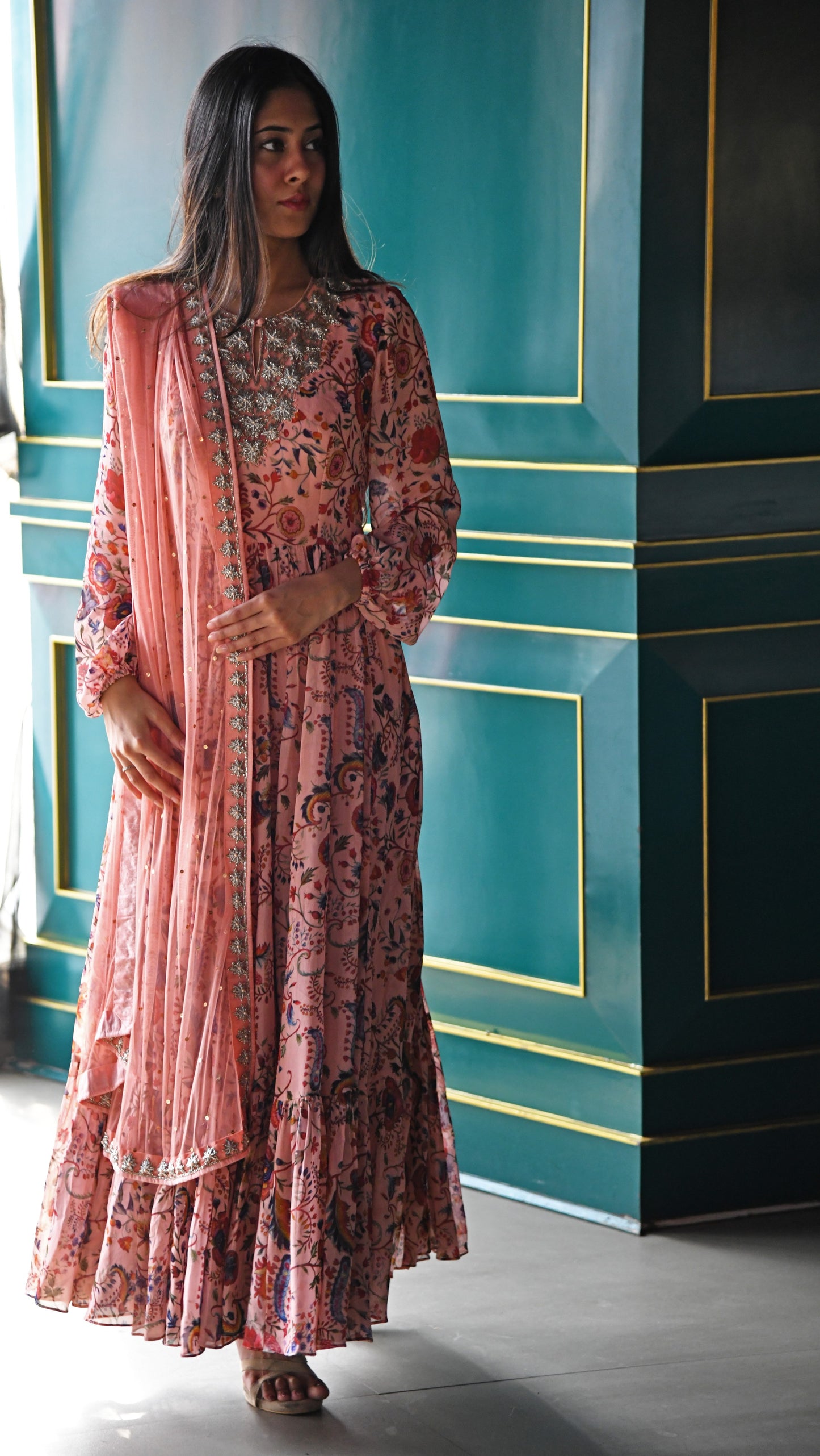 Floral printed dusty pink anarkali with a hand embroidered yoke and dupatta