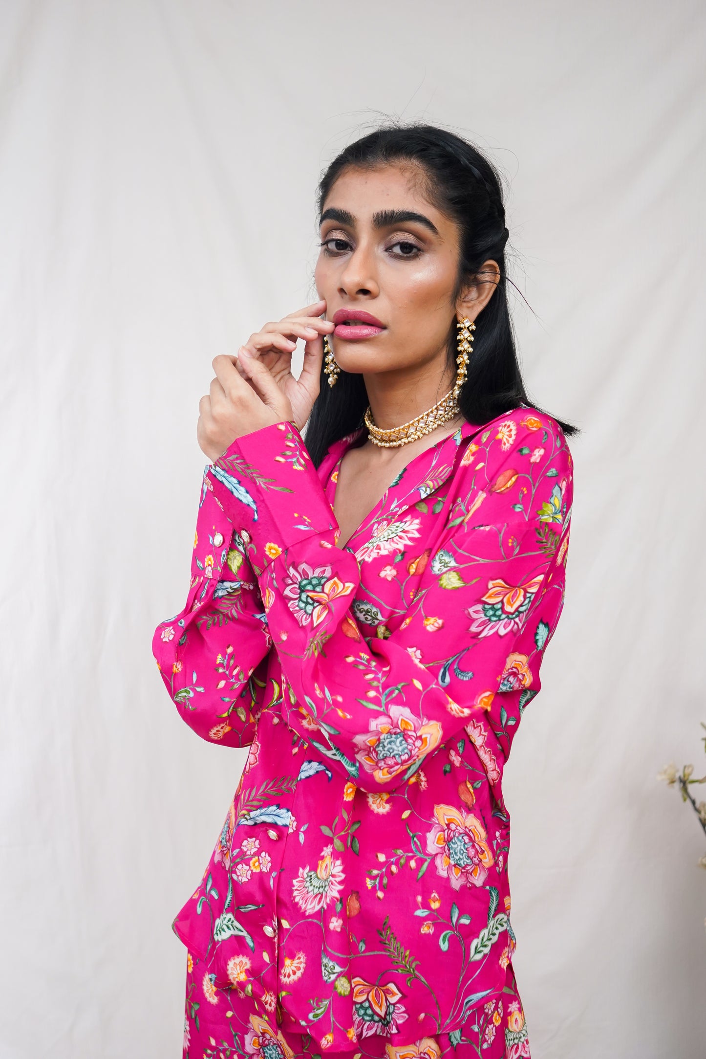 Hot pink floral printed high low shirt and pants