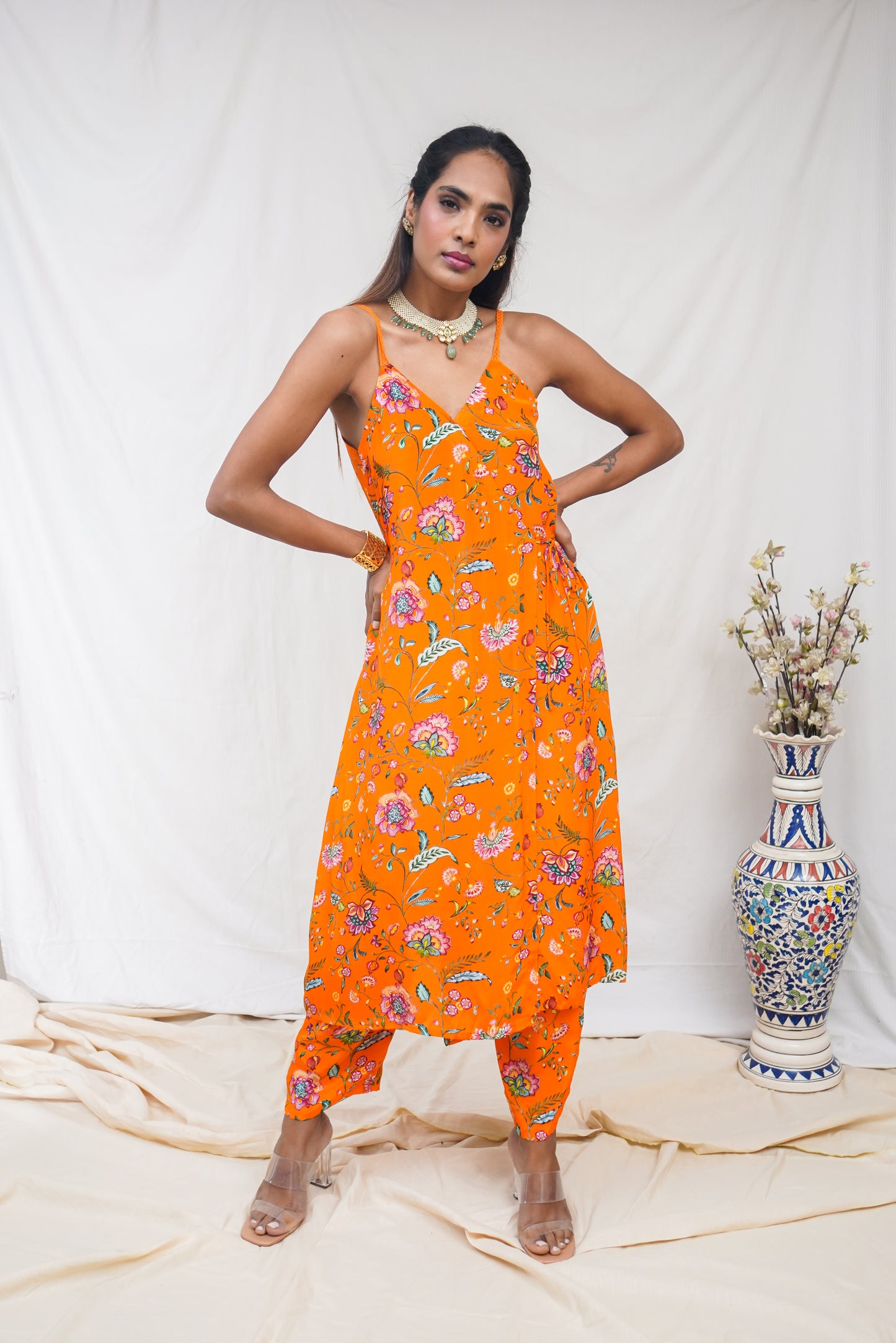 Orange strappy wrap kurta set