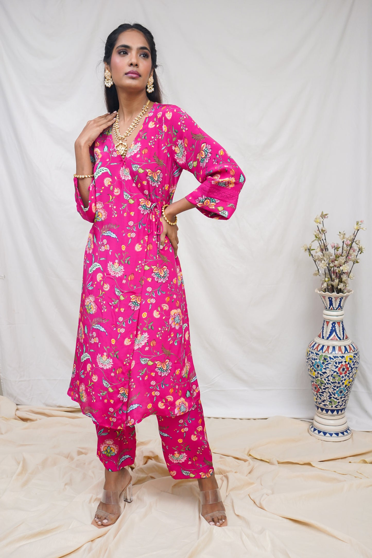 Hot pink floral printed wrap kurta set