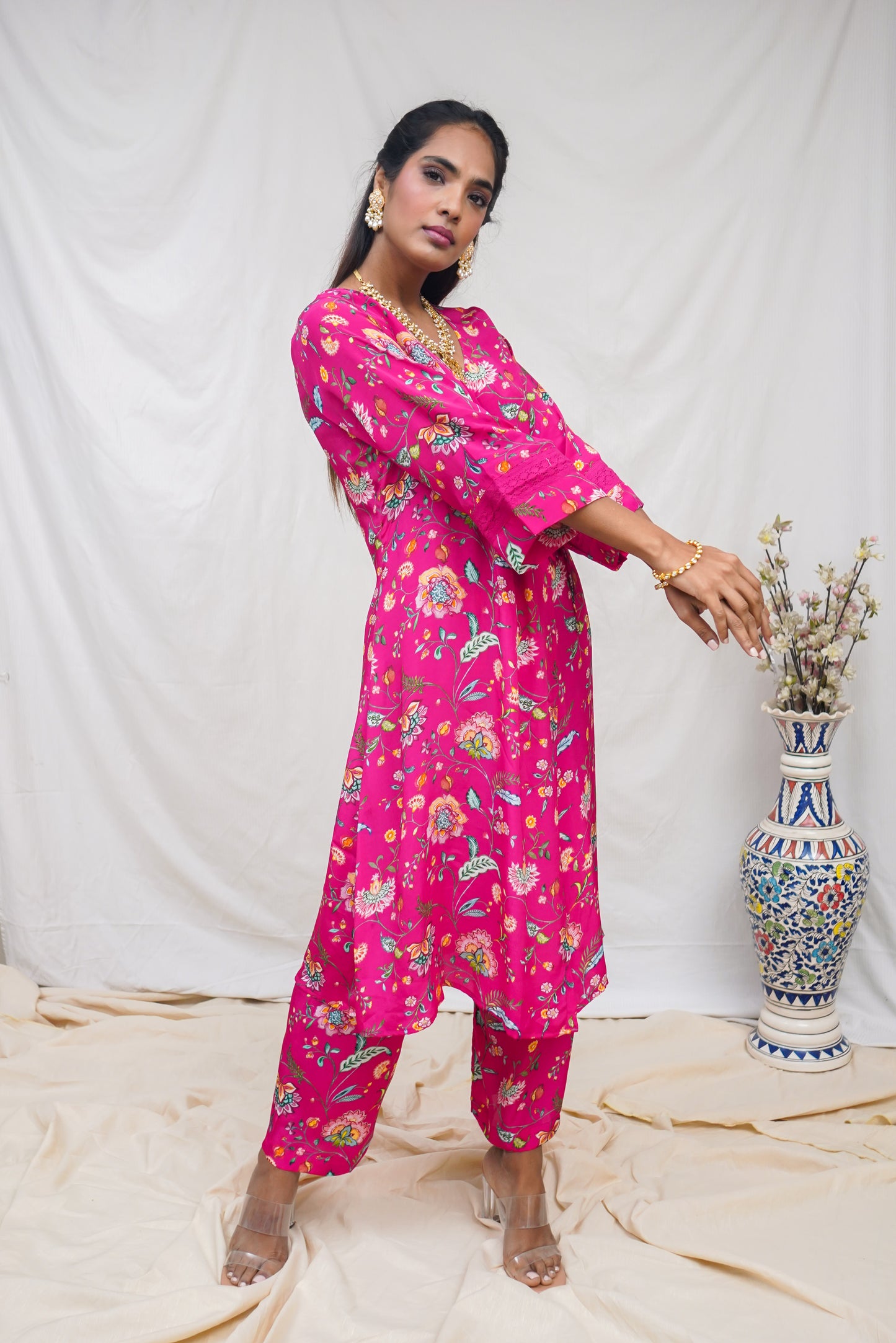 Hot pink floral printed wrap kurta set