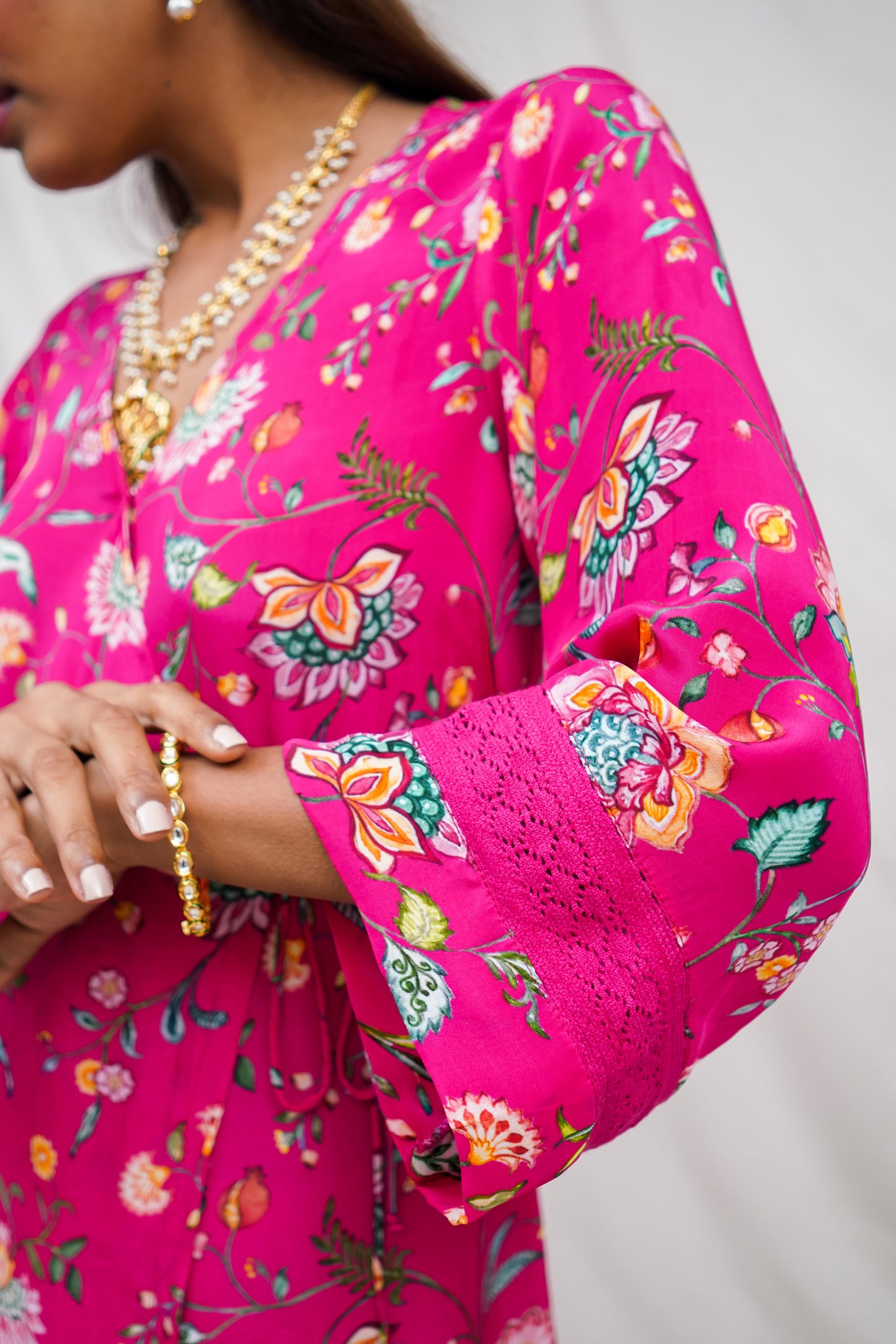 Hot pink floral printed wrap kurta set