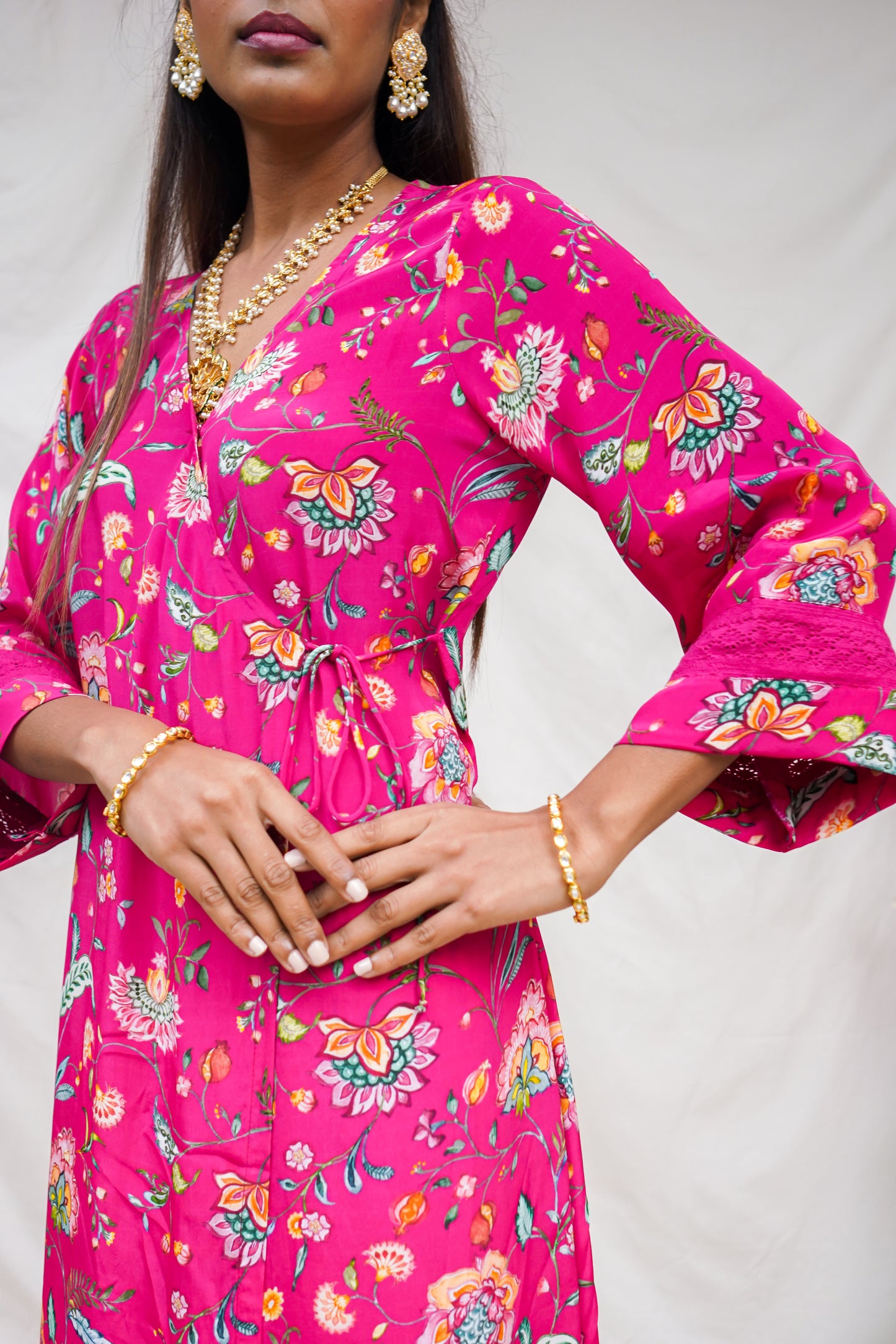 Hot pink floral printed wrap kurta set