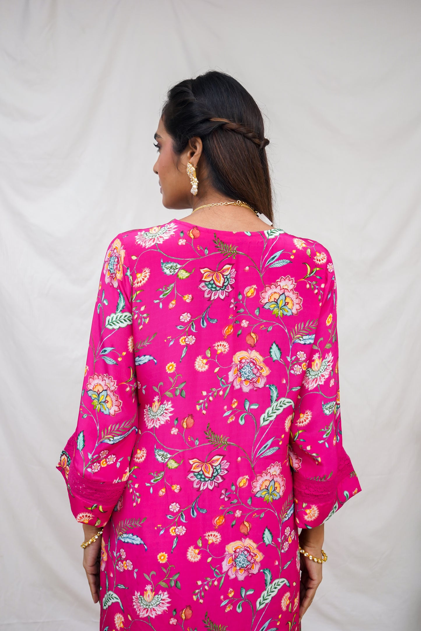 Hot pink floral printed wrap kurta set