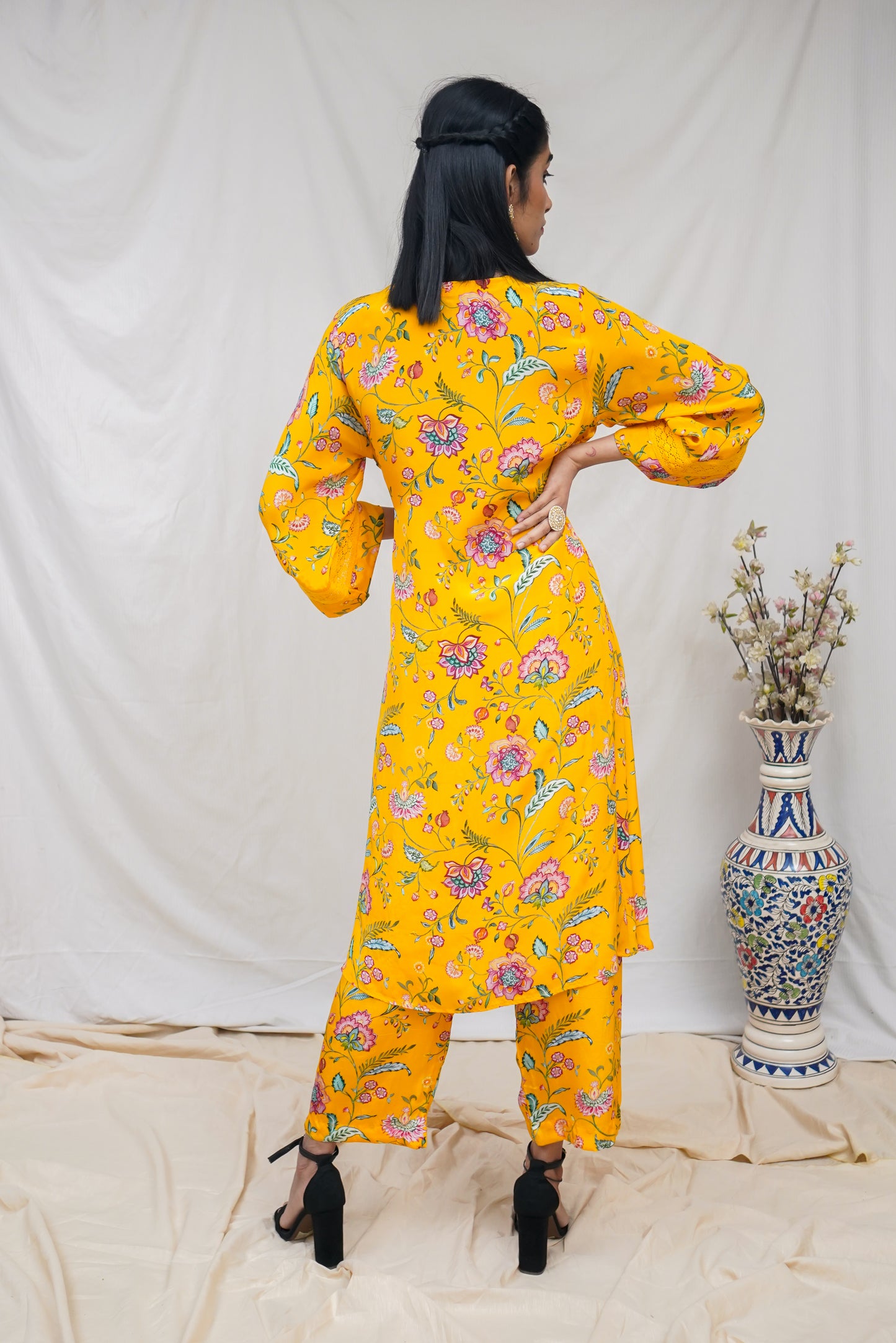 Yellow floral printed wrap kurta set