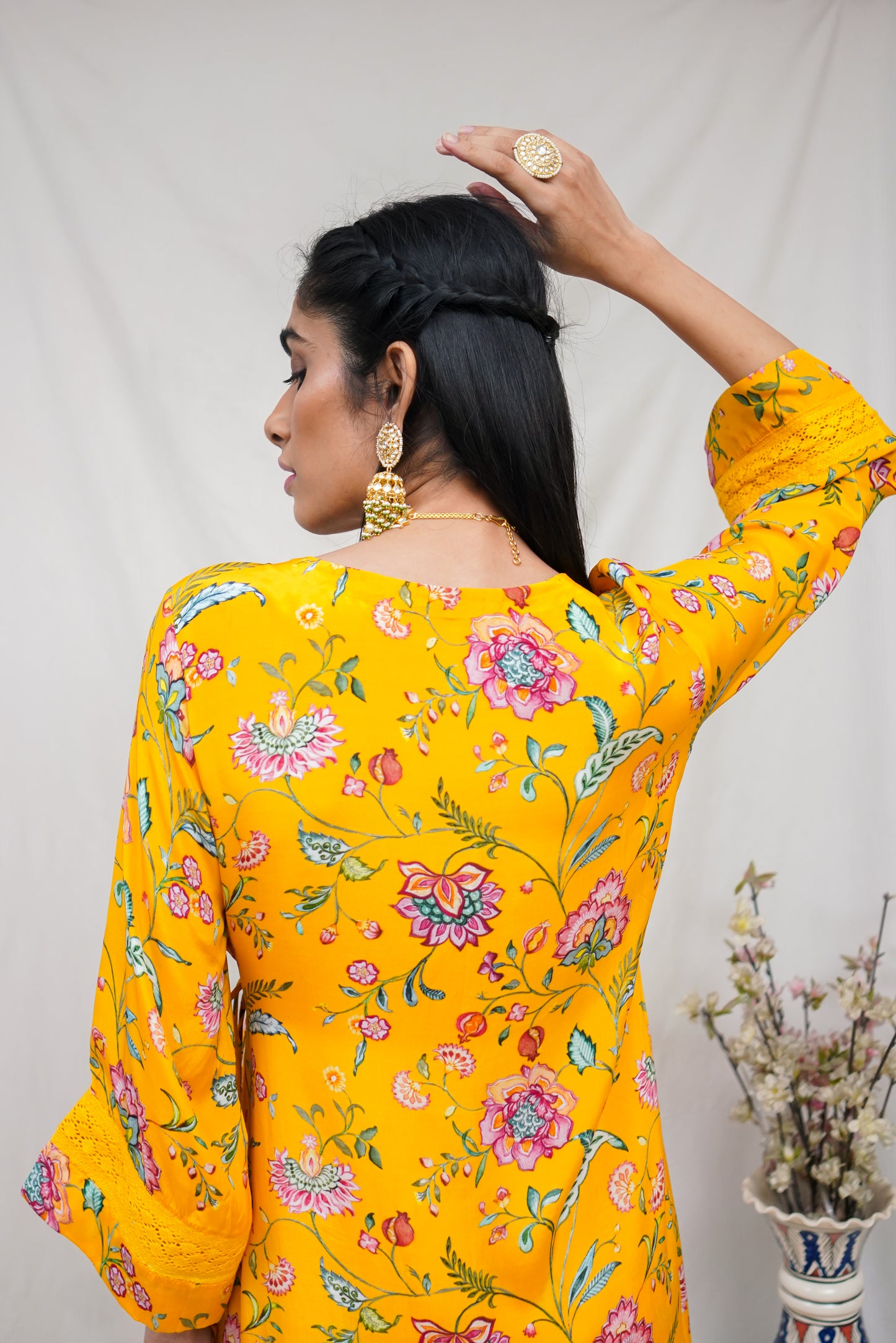 Yellow floral printed wrap kurta set