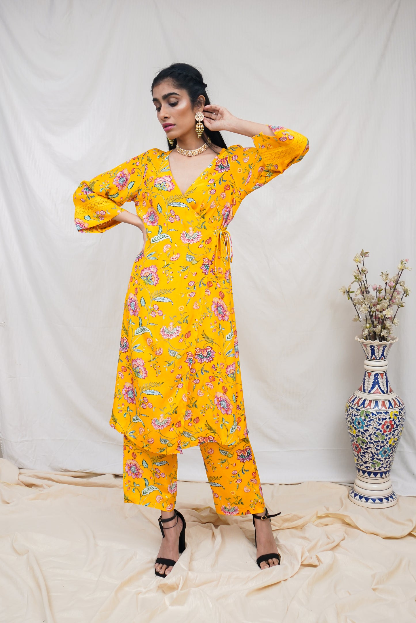 Yellow floral printed wrap kurta set