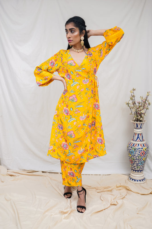 Yellow floral printed wrap kurta set