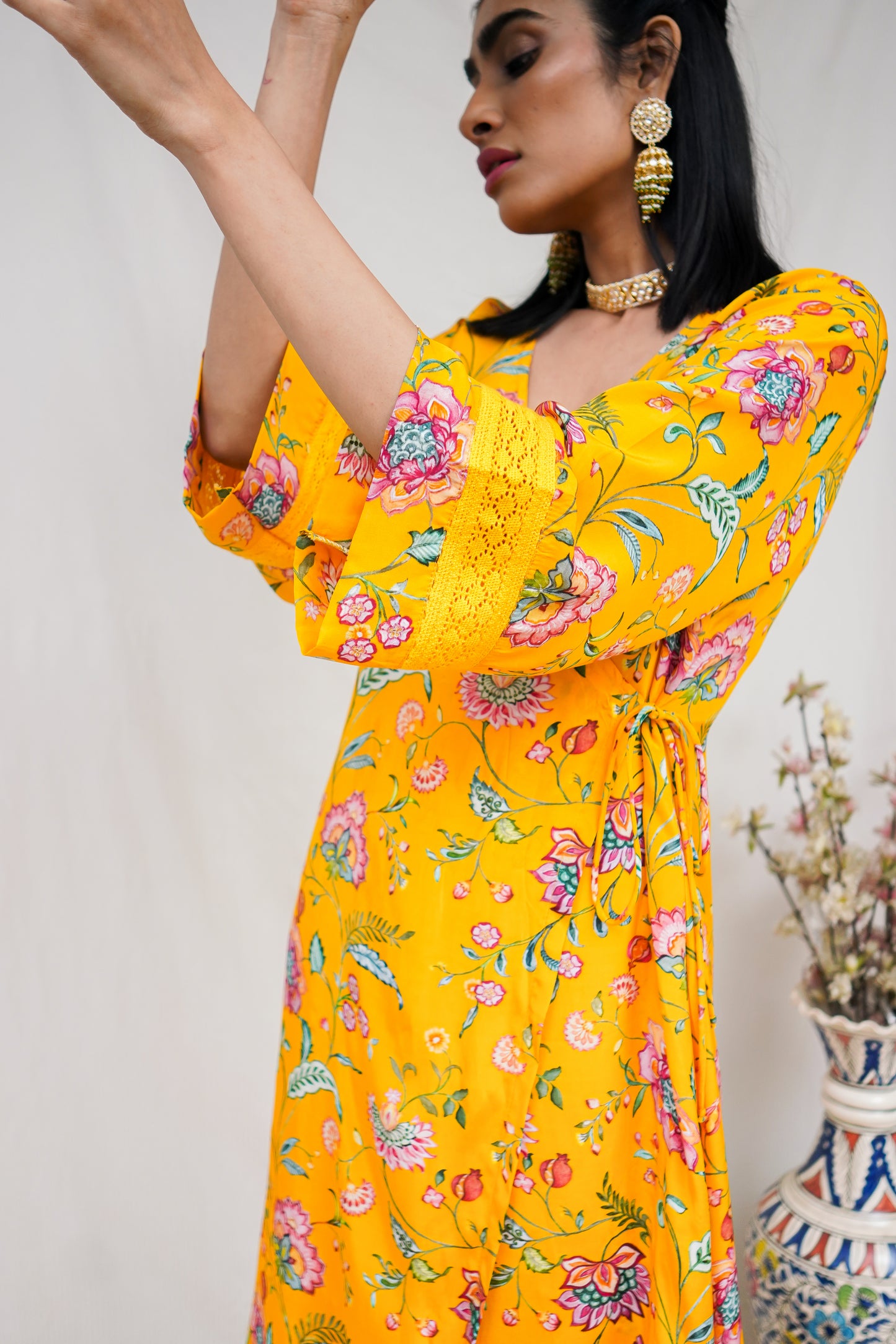 Yellow floral printed wrap kurta set