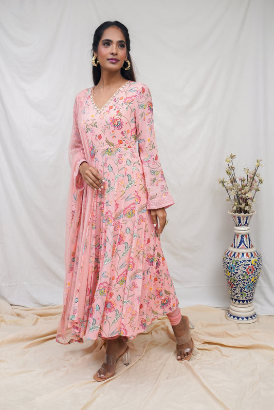 Dusty peach anarkali set with an embroidered neckline and dupatta