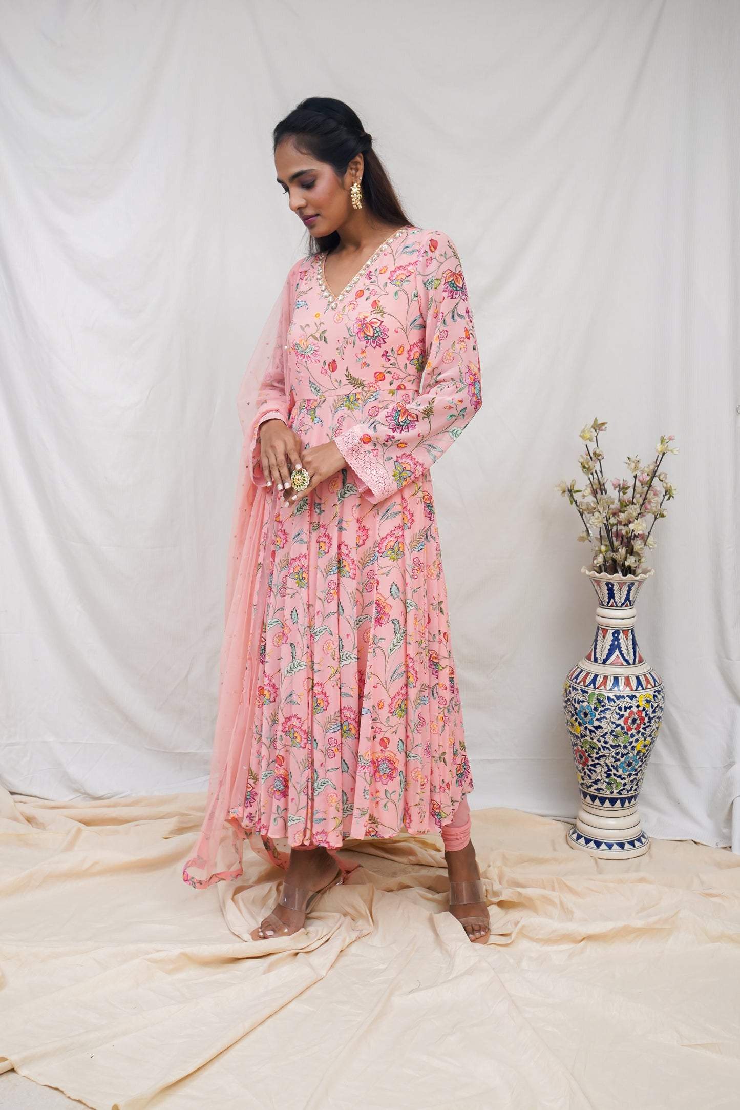 Dusty peach anarkali set with an embroidered neckline and dupatta