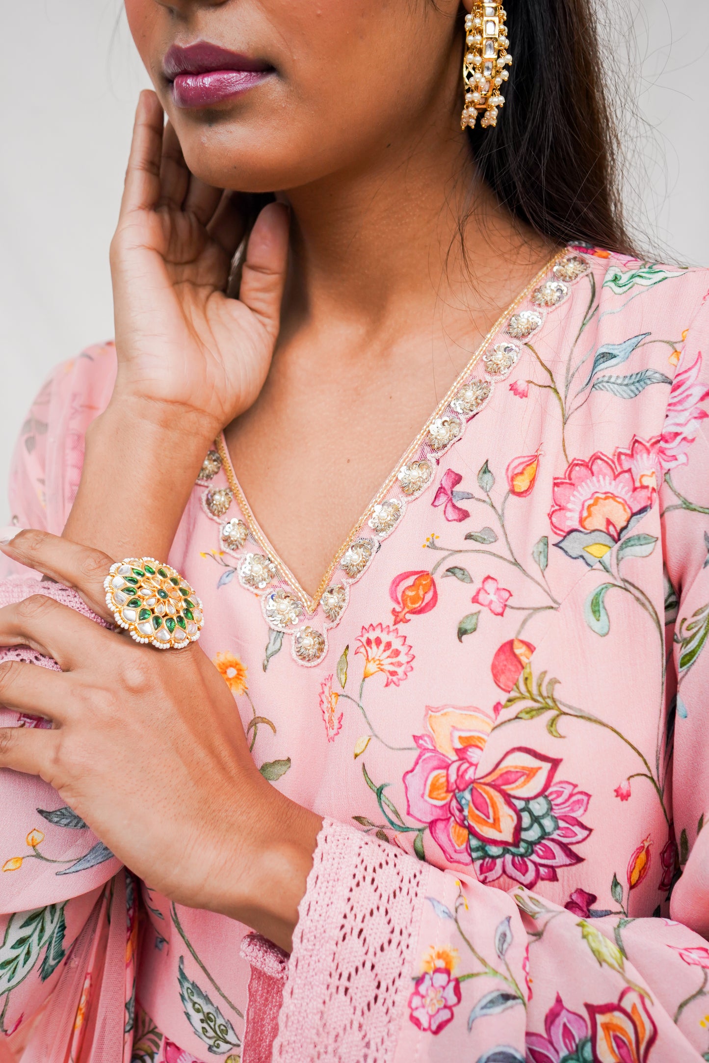 Dusty peach anarkali set with an embroidered neckline and dupatta