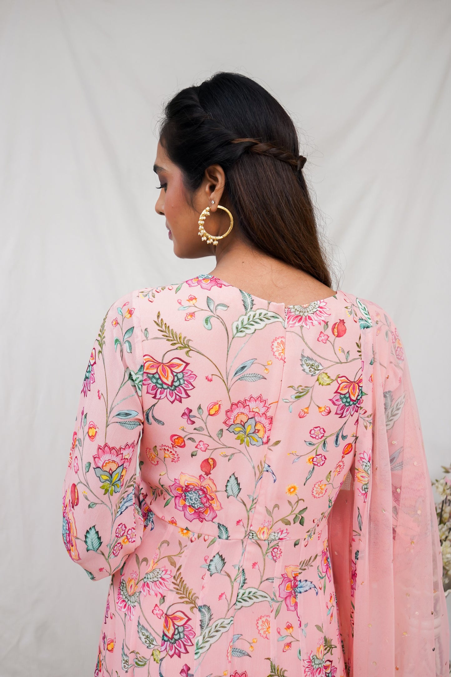 Dusty peach anarkali set with an embroidered neckline and dupatta